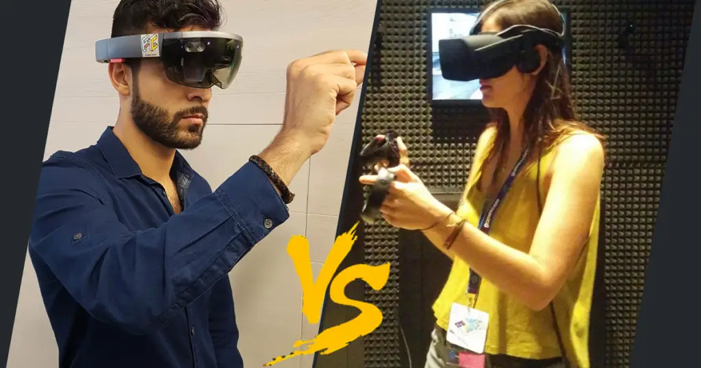 Mann mit AR-Brille und Frau mit VR-Brille im Vergleich