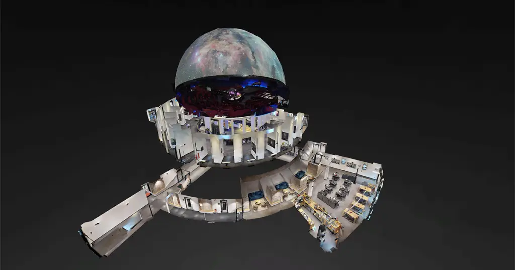 3D-Modell des Planetariums Hamburg vor dunklem Hintergrund