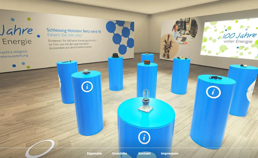 3D-Showroom von HanseWerk mit blauen Infosäulen