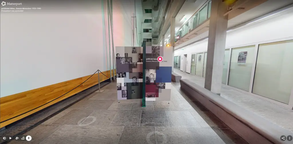 Ausstellungswand „gefährdet leben. Queere Menschen 1933-1945“ in der 3D-Tour der Stiftung Magnus Hirschfeld