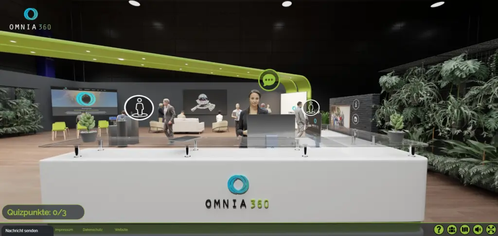 Empfangstresen in der gerenderten Messehalle des omnia360 Showrooms