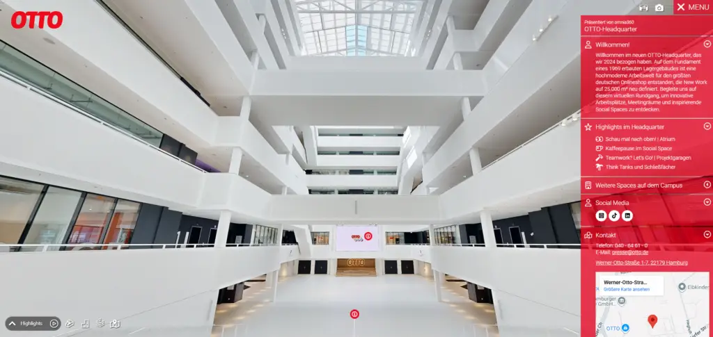 Lichtdurchflutetes Atrium der OTTO-Zentrale im virtuellen Rundgang
