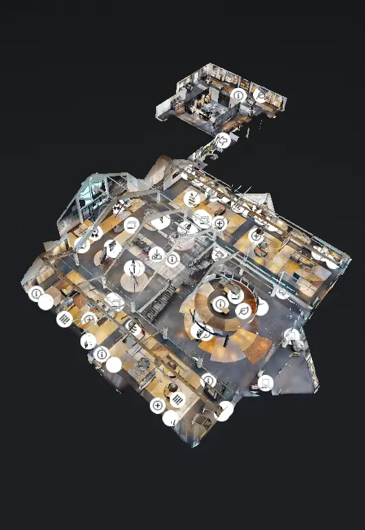 3D-Modell eines virtuellen Showrooms in der Puppenhausansicht mit Infopunkten