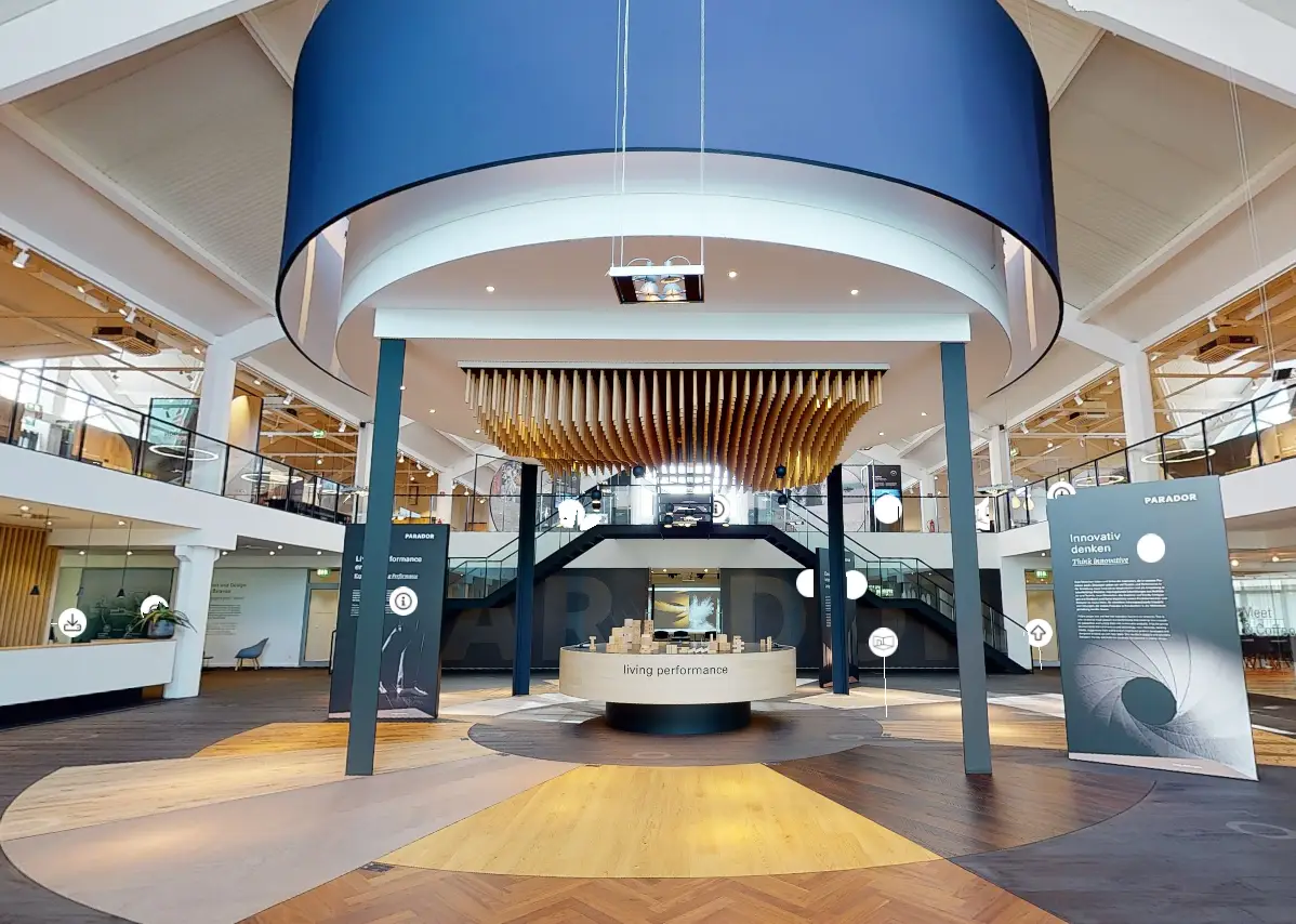 Virtueller Showroom im Parador Trend Center mit Ausstellungsfläche, Galerie und Infopunkten